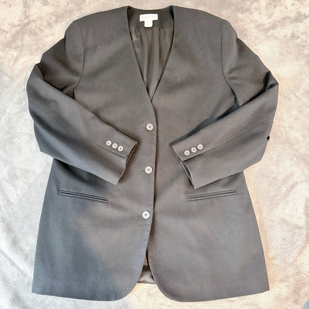 Lands End Womens 14 Vintage Black 100% Wool Collarless Blazer Jacket Made in USA